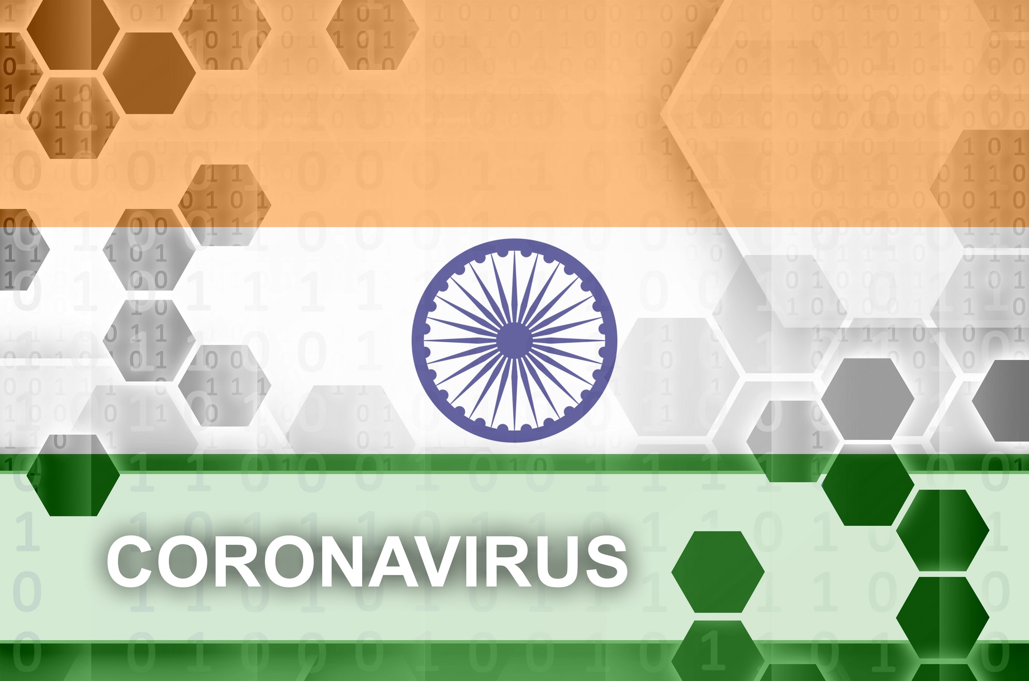 India flag and futuristic digital abstract composition with Coronavirus inscription