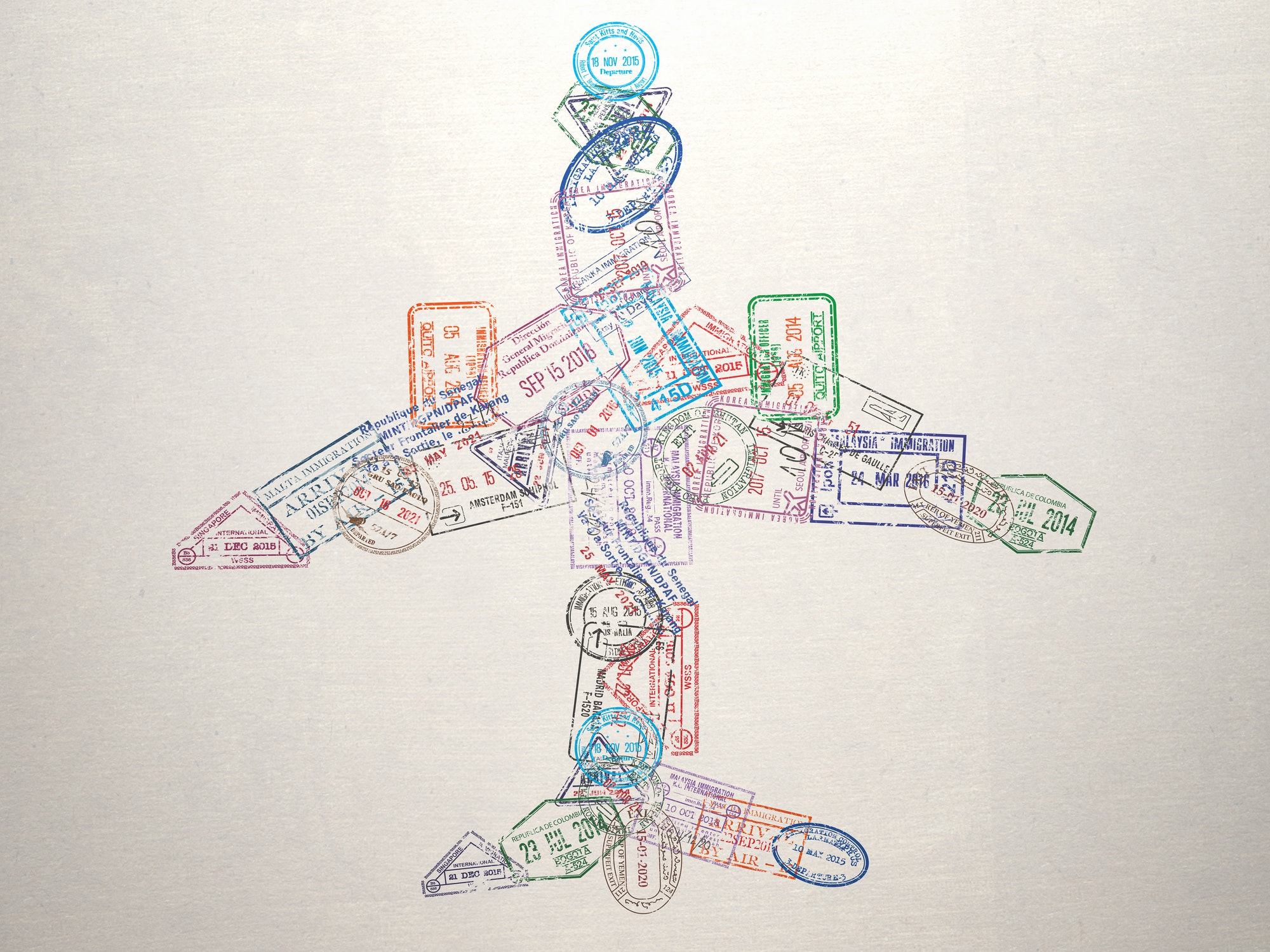 Passport stamps of different visa country in form of a airplane. Travel, tourism and immigration