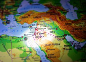 Close-up fragment of a world map with selective focus on Jordan,Jerusalem,Israel,Iarq,Kuwait